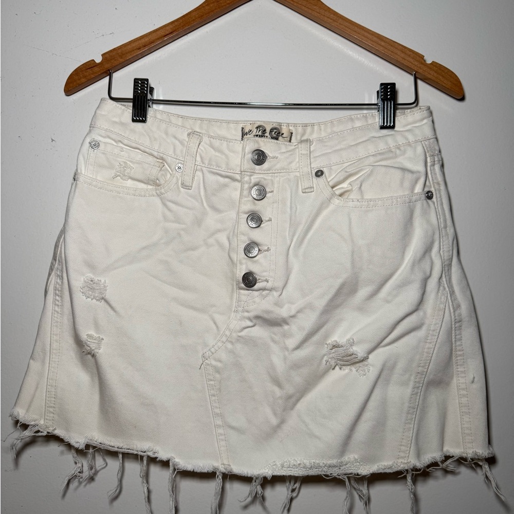 We the Free White Distressed Denim Skirt